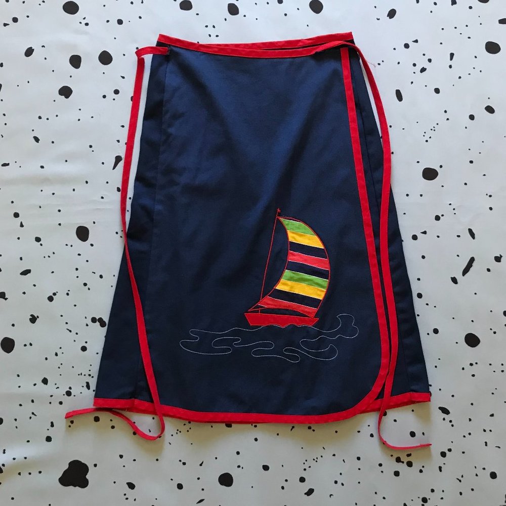 Vintage 70's Blue A-line Wrap Skirt w Sailboat M/L